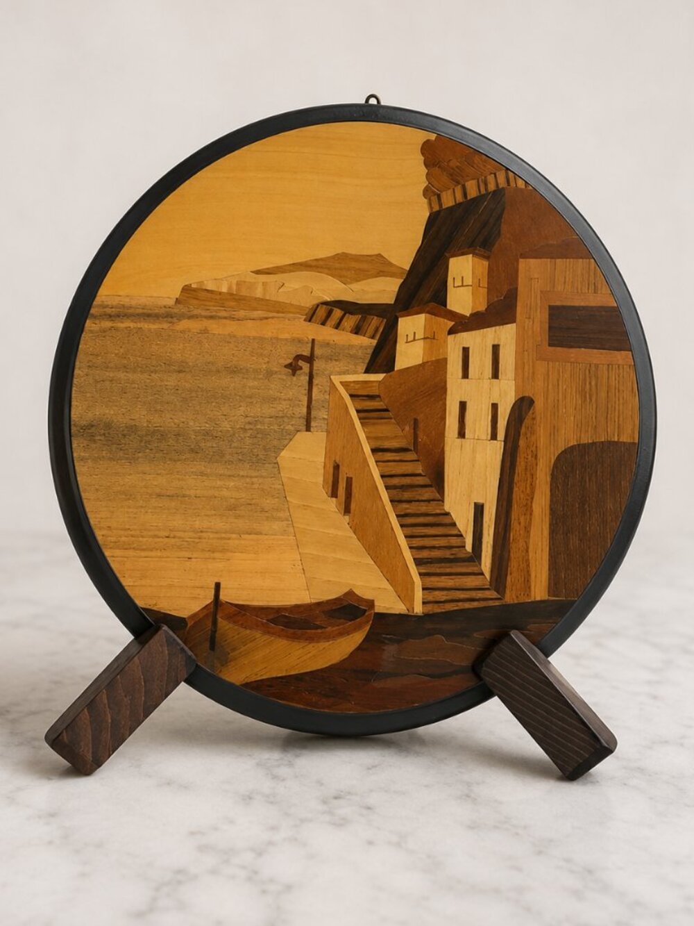 Vintage Notturno Intarsio Sorrento Italy Inlaid Wood Seaside Town Plaque 7.5"